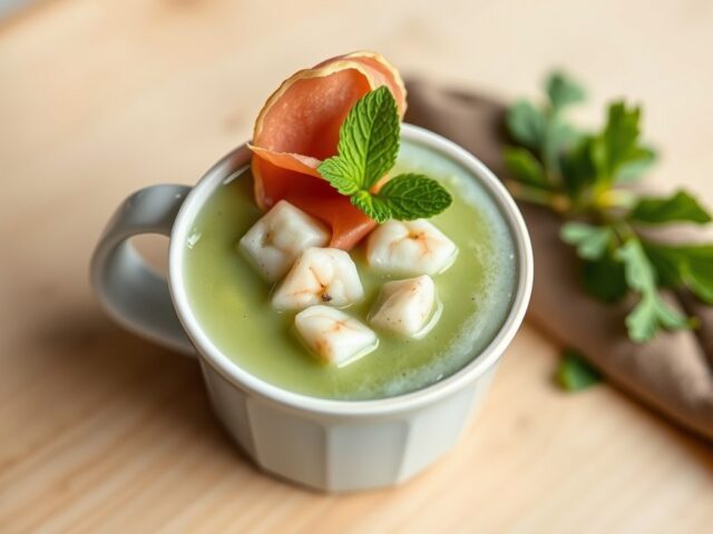 Cappuccino van erwt met king crab, grijze garnalen en serranoham