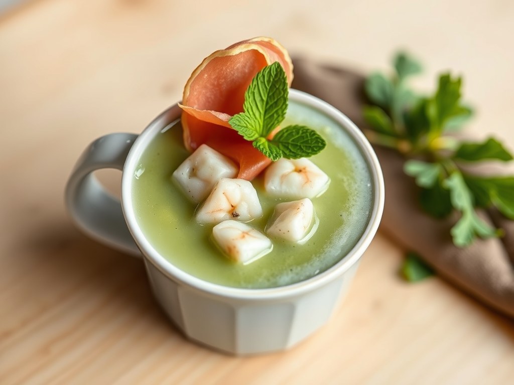 Cappuccino van erwt met king crab, grijze garnalen en serranoham, AI-gegenereerde illustratie