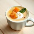 Cappuccino van gevogelte bouillon met zalm