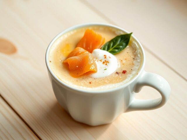Cappuccino van gevogelte bouillon met zalm