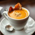 Cappuccino van kastanjepompoen met sesam en chips van gerookte eendenfilet