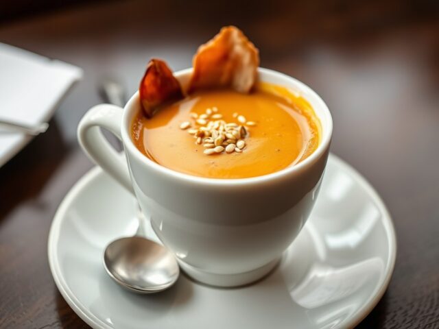 Cappuccino van kastanjepompoen met sesam en chips van gerookte eendenfilet