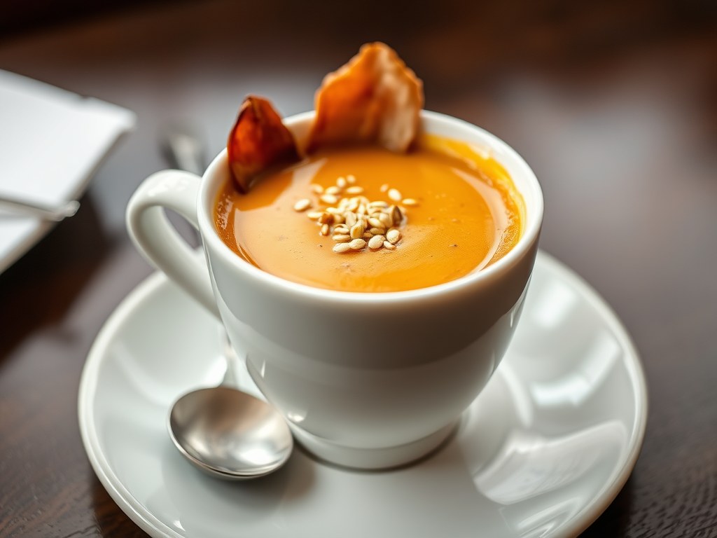 Cappuccino van kastanjepompoen met sesam en chips van gerookte eendenfilet, AI-gegenereerde illustratie