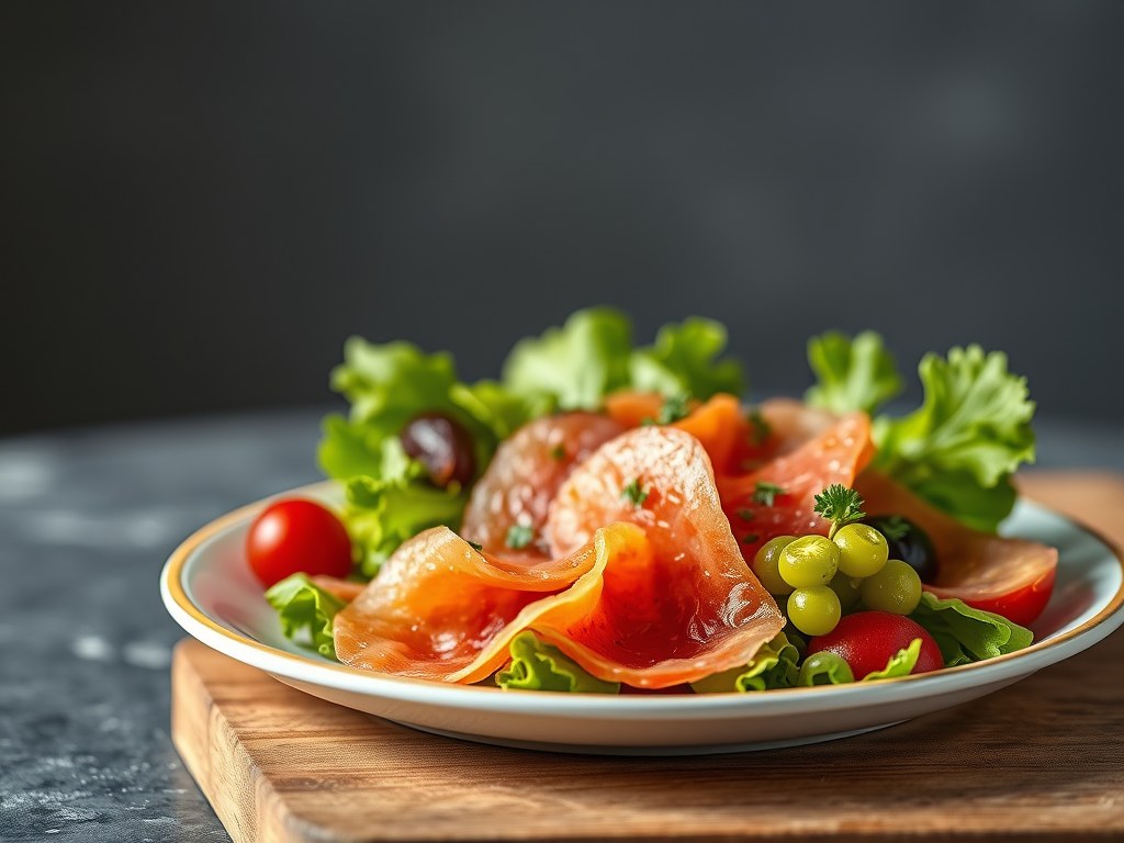 carpaccio op een salade met gebakken ( zie opm), AI-gegenereerde illustratie