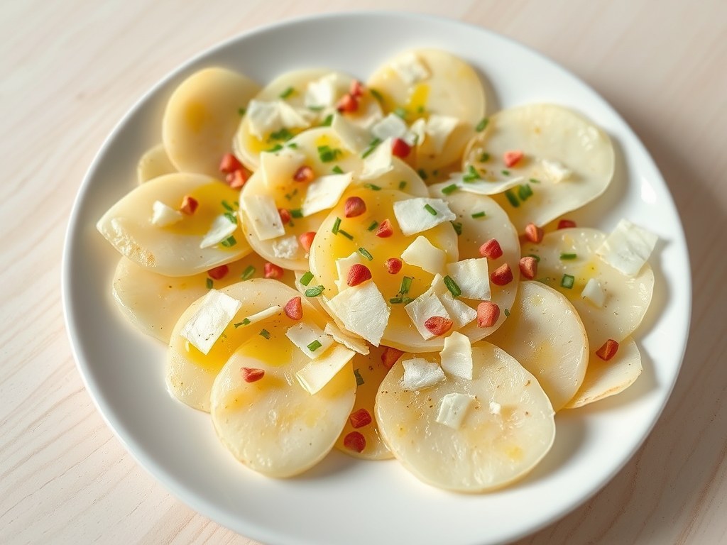 Carpaccio van aardappelen en Parmezaanse kaas, AI-gegenereerde illustratie