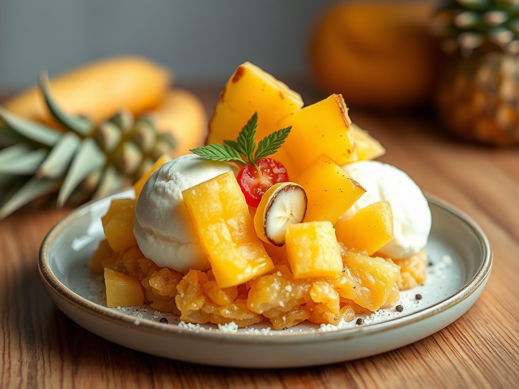 Carpaccio van ananas en gefrituurd ijs, AI-gegenereerde illustratie