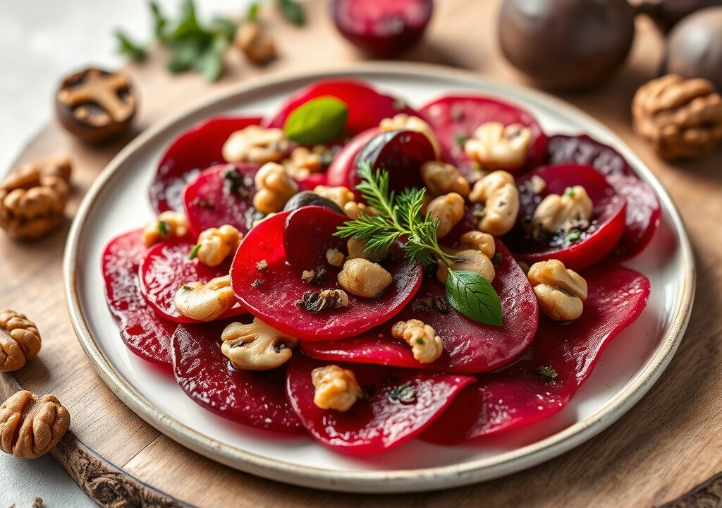 Carpaccio van peer en rode biet, AI-gegenereerde illustratie