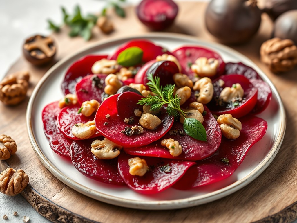 Carpaccio van peer en rode biet, AI-gegenereerde illustratie