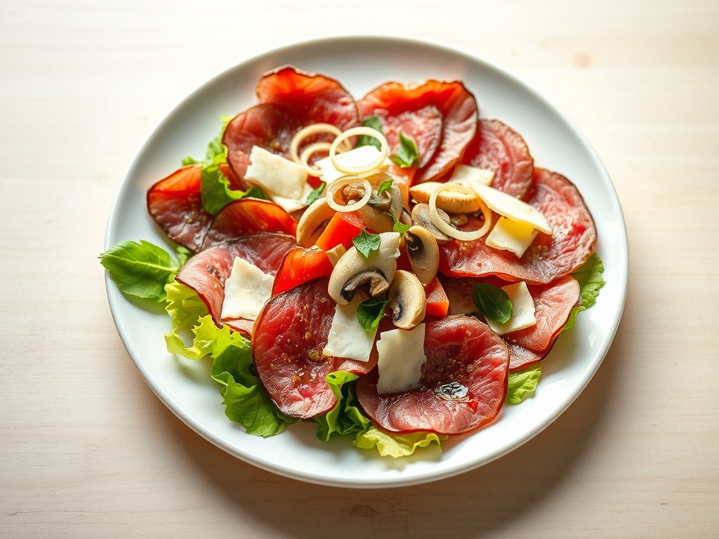 Carpaccio van rookvlees met champignons, AI-gegenereerde illustratie