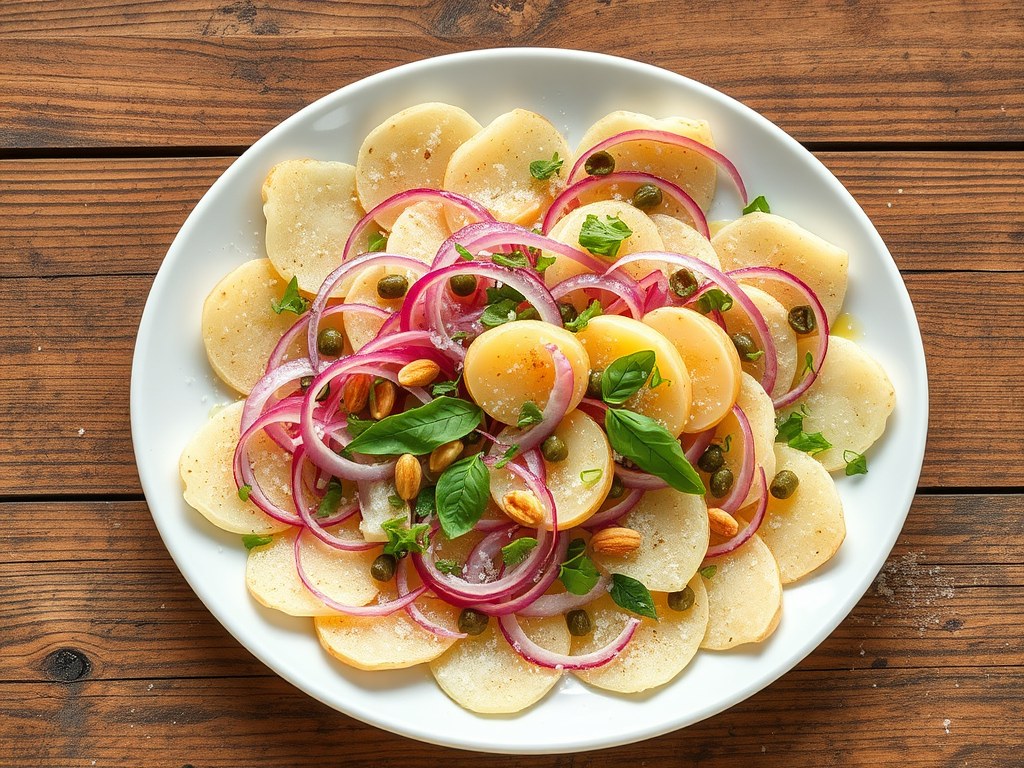 Carpaccio van rozeval met verse kruiden, AI-gegenereerde illustratie