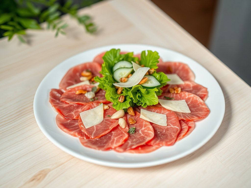 Carpaccio van rund met kruidensausje, AI-gegenereerde illustratie