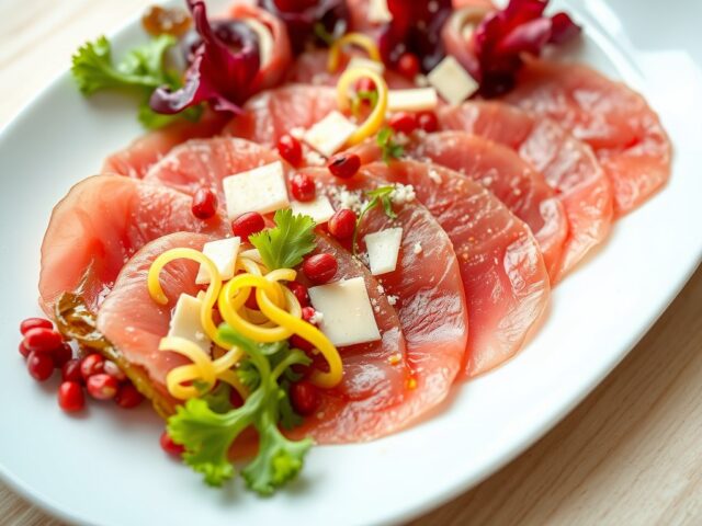 Carpaccio van runderhaas met roze-peperdressing