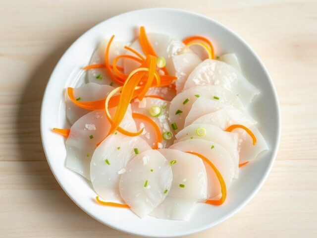 Carpaccio van schelvis met gekonfijte worteltjes