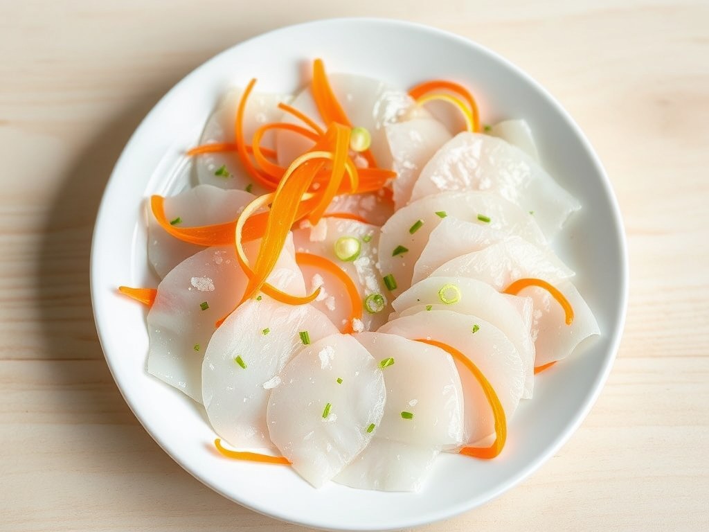 Carpaccio van schelvis met gekonfijte worteltjes, AI-gegenereerde illustratie