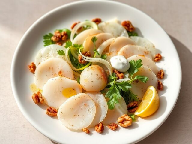 Carpaccio van sint-jacobsnoten met knolselder en veldsla