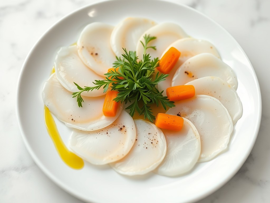 Carpaccio van Sint-jakobsschelpen, AI-gegenereerde illustratie