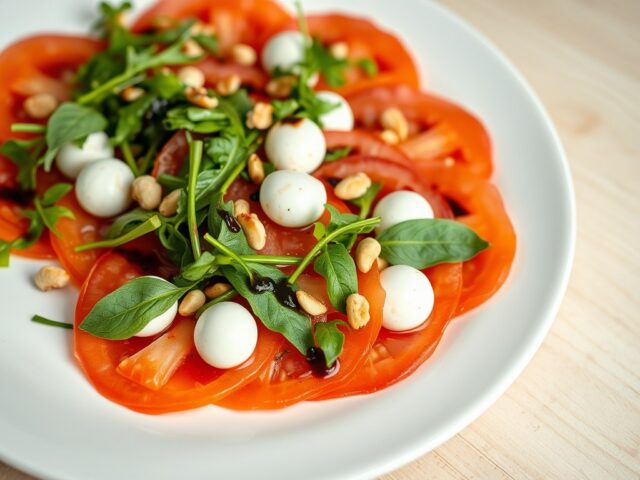 Carpaccio van tomaat met een salade van groene boontjes en mozzarella