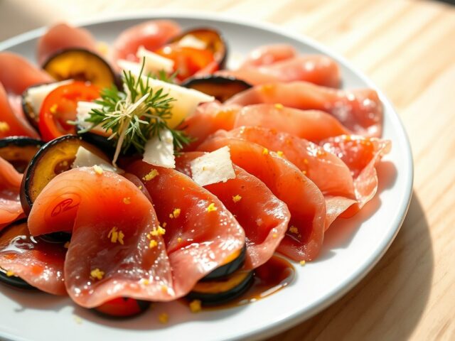 Carpaccio van tonijn, aubergine, courgette en tomaat