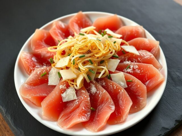 Carpaccio van tonijn met gefrituurde knoflook