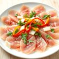 Carpaccio van tonijn met zoetzure paprika en parme