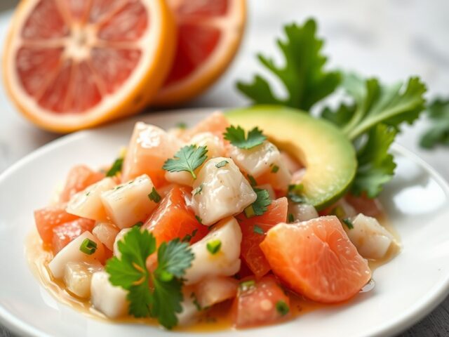 Ceviche van heilbot met avocado en Florida grapefruit — AI-gegenereerde illustratie