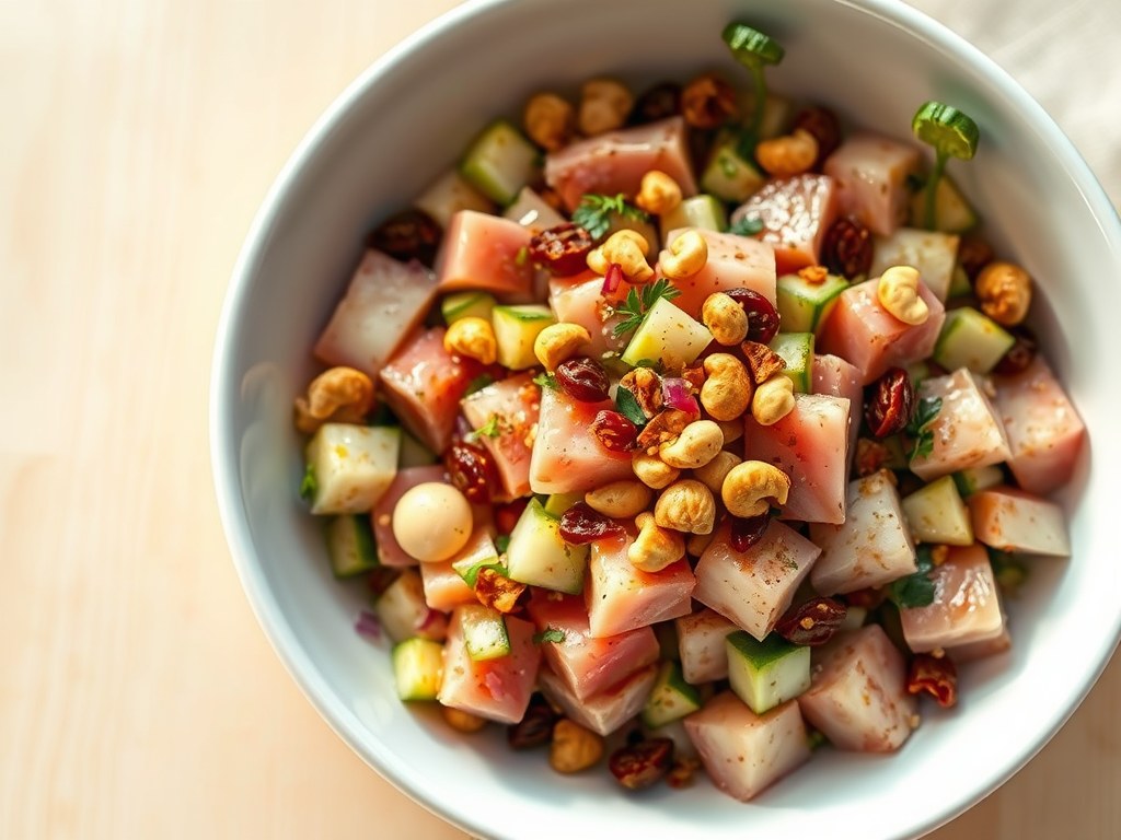 Ceviche van tonijn en Sint-Jakobsvruchten met venkel en courgette, AI-gegenereerde illustratie