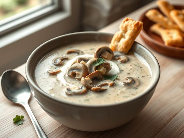Champignon-kaassoep met zoutstengels