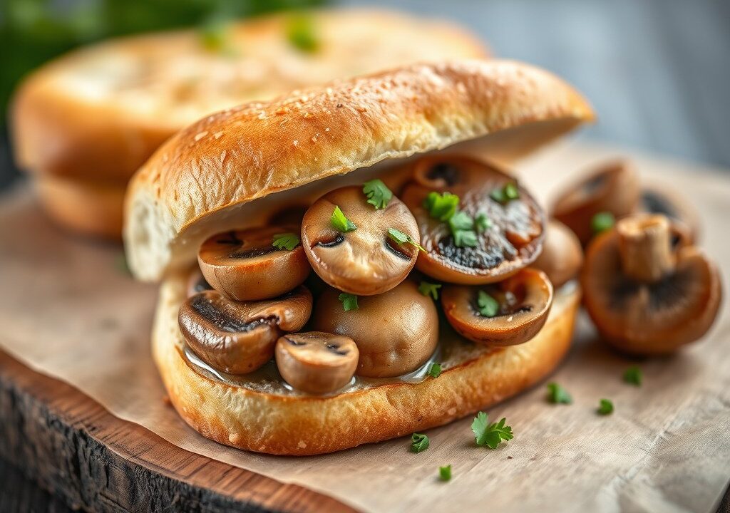 Champignon-knoflook lunchbroodje, AI-gegenereerde illustratie