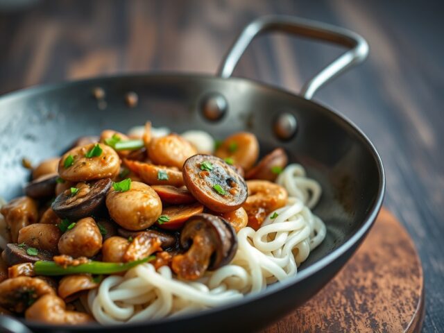 Champignon-peultjesroerbakschotel — AI-gegenereerde illustratie
