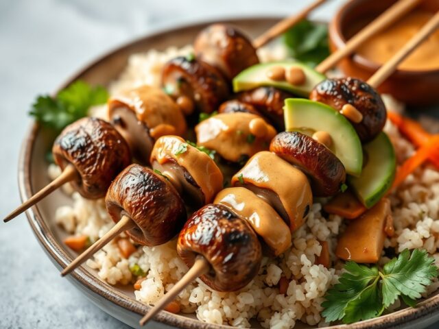 Champignon spiesjes met rijst, gewokte paksoi, avocado en pindasaus