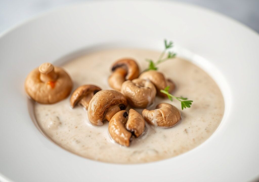 Champignoncrèmesoep (Velouté de champignons), AI-gegenereerde illustratie