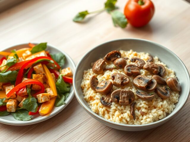 Champignonrisotto met tofu-paprikasalade