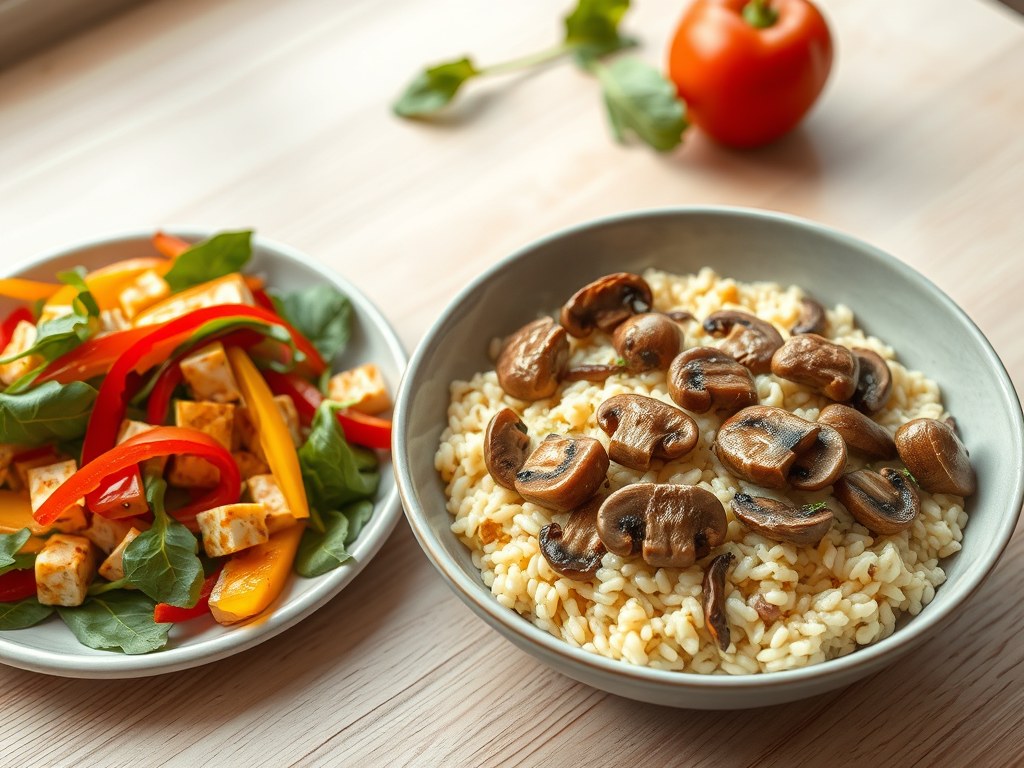 Champignonrisotto met tofu-paprikasalade, AI-gegenereerde illustratie
