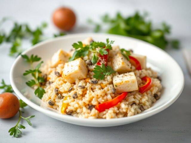 Champignonrisotto met tofu-paprikasalade — AI-gegenereerde illustratie