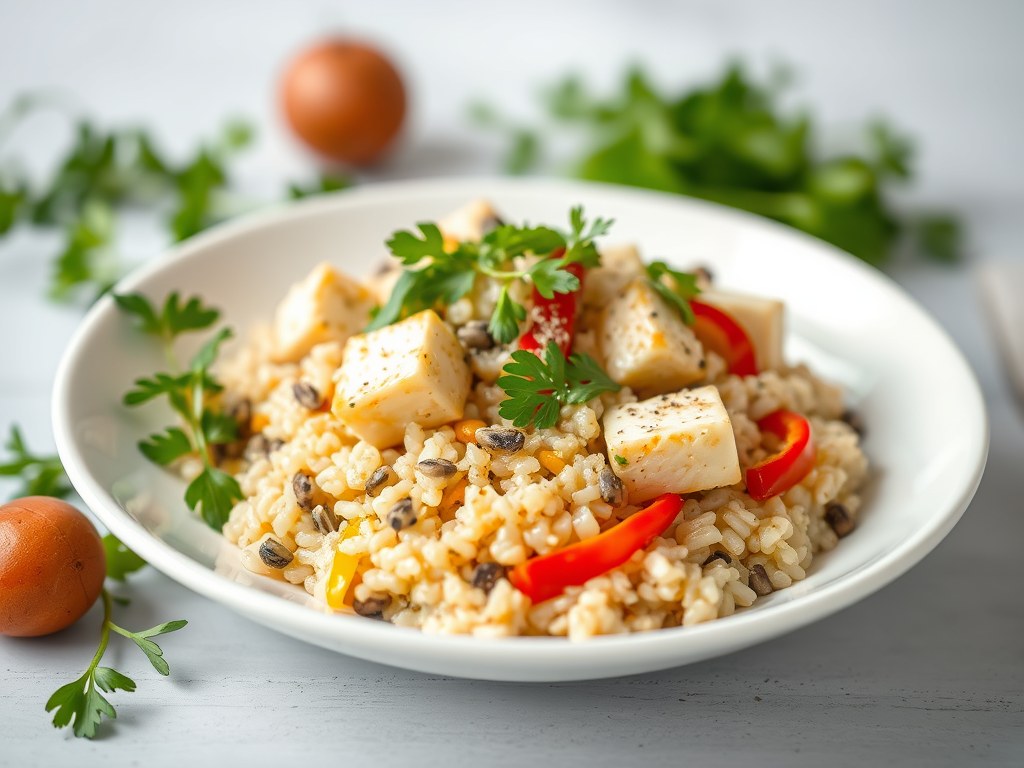 Champignonrisotto met tofu-paprikasalade, AI-gegenereerde illustratie