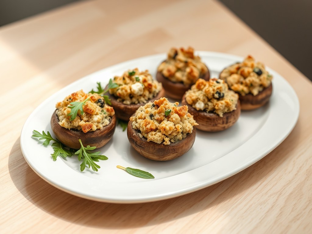 Champignons gevuld met blauwe kaas en Quorn, AI-gegenereerde illustratie
