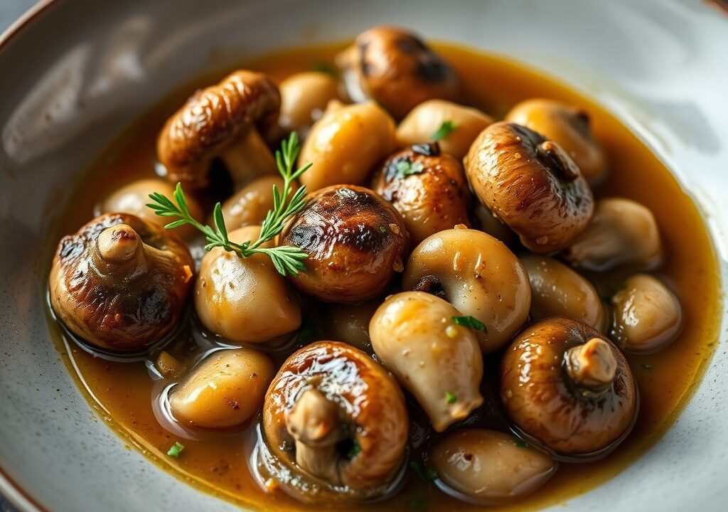 Champignons in knoflooksaus (Champiñones al Ajillo) — AI-gegenereerde illustratie