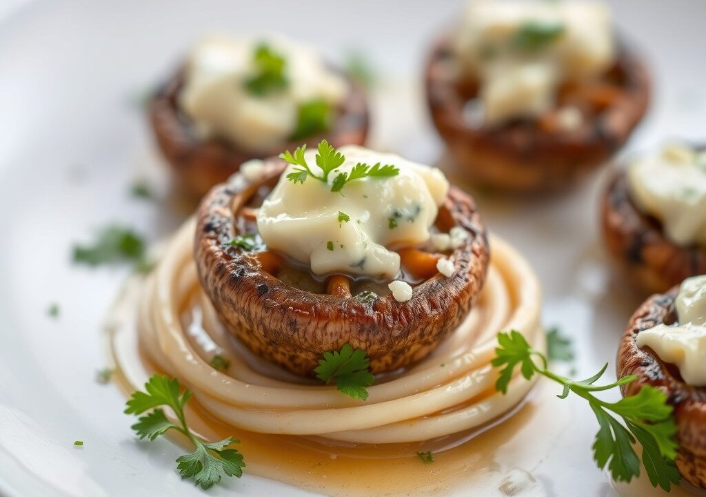 Champignons met kruidenboter overbakken met Gorgonzola, AI-gegenereerde illustratie