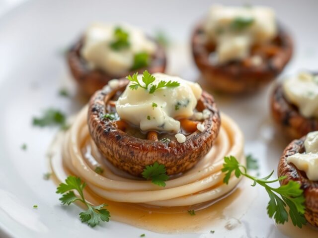 Champignons met kruidenboter overbakken met Gorgonzola