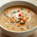 Champignonsoep met drie kleuren paprika
