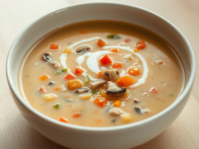 Champignonsoep met drie kleuren paprika