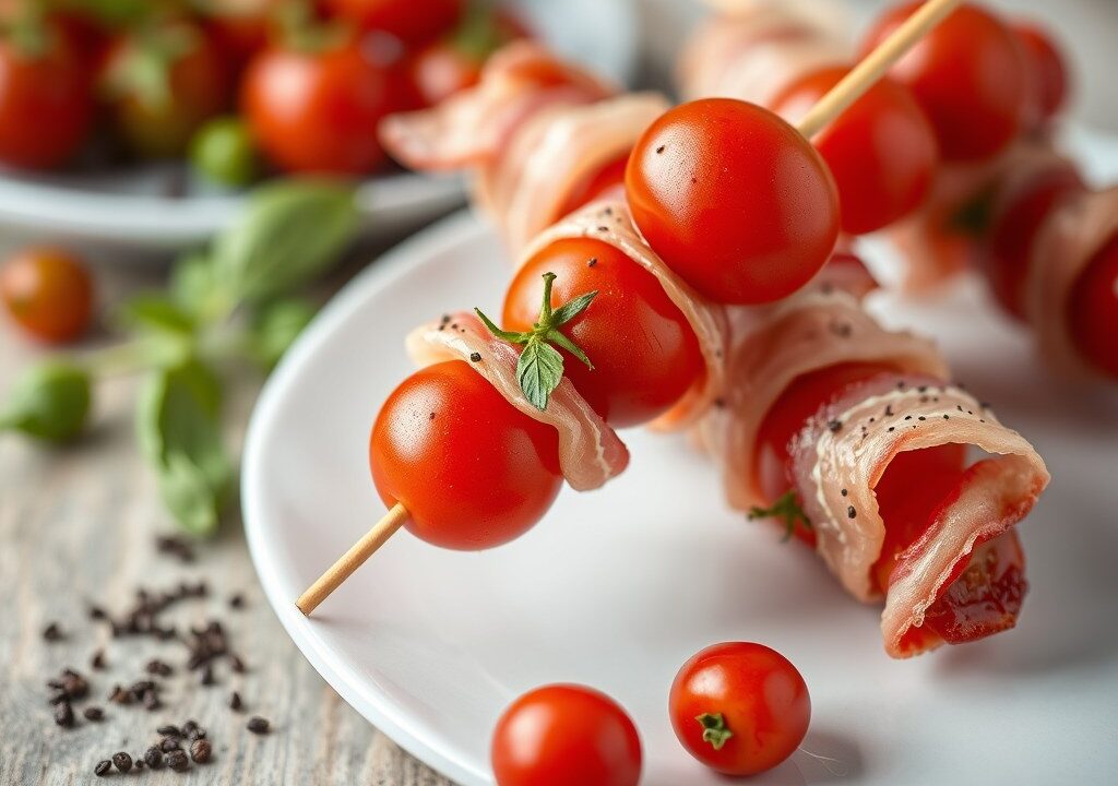 Cherrytomaatspiesjes met spek, AI-gegenereerde illustratie