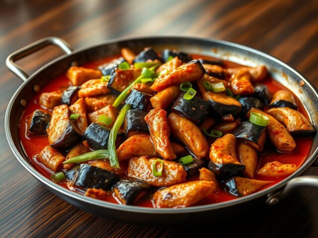 Chilischotel met aubergine en kip
