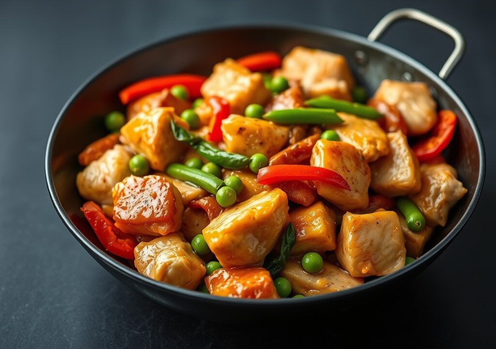 Chinese kip in zoetzure saus, AI-gegenereerde illustratie