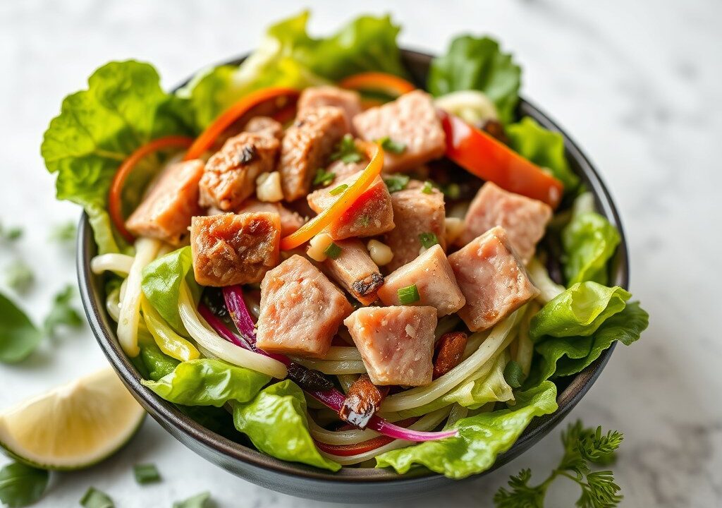 Chinese koolsalade met tonijn en zeevruchten, AI-gegenereerde illustratie