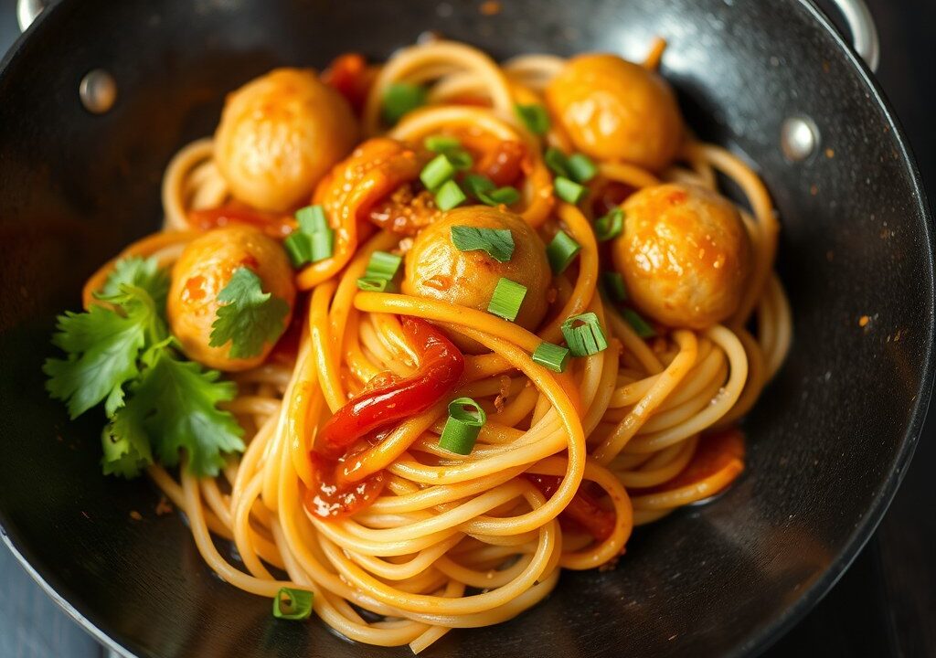 Chinese mie met kipballetjes, AI-gegenereerde illustratie