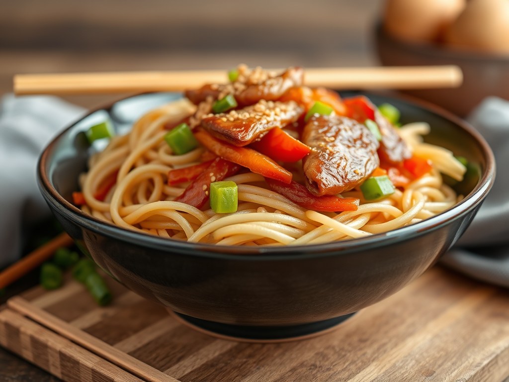 Chinese mie met roerbakgroenten, AI-gegenereerde illustratie
