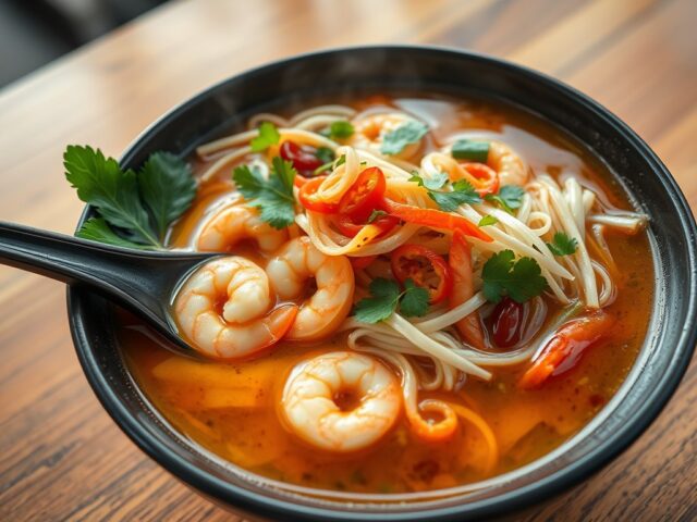 Chinese noedelsoep met scampi’s