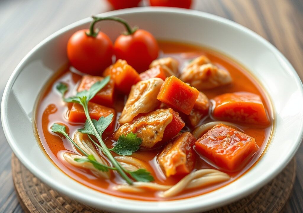 Chinese tomaten-kippensoep, AI-gegenereerde illustratie