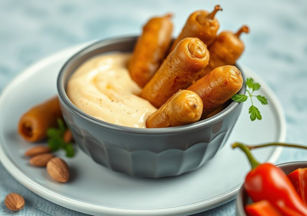 Chipolata’s met paprikadip, AI-gegenereerde illustratie